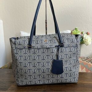 Tory Burch Parker Geo-T Large Tote Navy Blue (red Stain On Side)